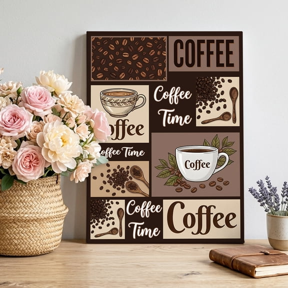 Coffee Time Canvas Wall Art, Retro Coffee Beans Dark Brown Patchwork Framed Canvas Wall Decor Picture Print Artwork Decorations for Living Room Office Ready to Hang 18" x 12"