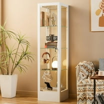 Glass Display Cabinet with 12 Color Lights and Lock, 4-Tier Curio Cabinet with Tempered Glass Door, Adjustable Shelves, 63" Metal Display Case for Collectibles Living Room, White