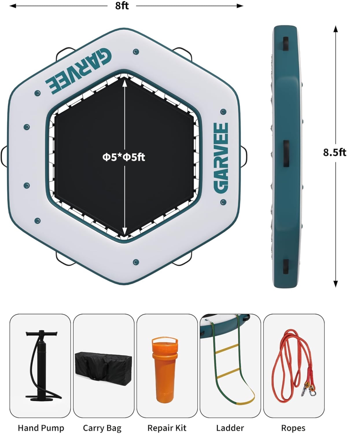 EuKer Hexagon Inflatable Dock 8ft x 8.5ft, Floating Platform with Mesh Swim Area for Boats, Pool, Lake