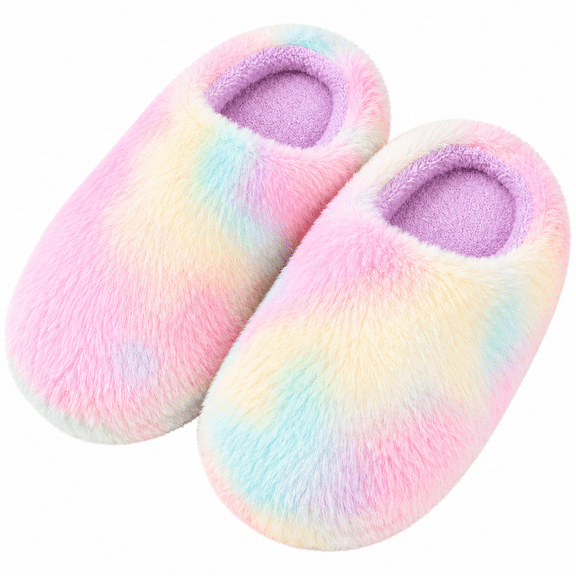 Lalune Duciel Girls Rainbow Plush Slippers, Soft Fuzzy Closed Toe House Shoes