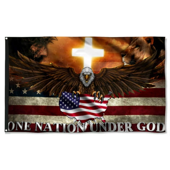 Cayyon Jesus Flag 3x5Feet One Nation Under God Grommet Flag, Jesus and Lion Of Judah Cross US Map American Patriot Flag Banner with 2 Brass Grommets