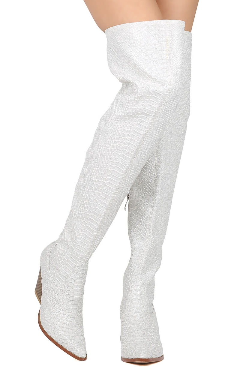 snakeskin thigh high boots chunky heel