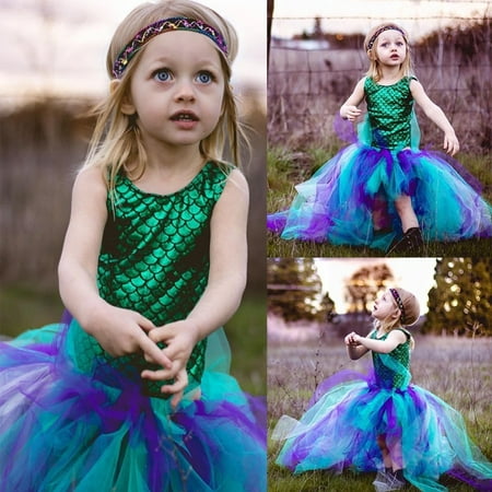 2pcs Kids Baby Girl Dress Mermaid Bodysuit+Hademade Skirts Outfits Set Costume