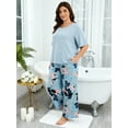 thumbnail image 4 of Plus Size Pajamas for Women, LOFIR Round Neck Soft Rayon Sleepwear Loungewear, Lightweight Short Sleeve Top and Floral Pants PJS for Home & Bedroom 3XL Light Blue, 4 of 7