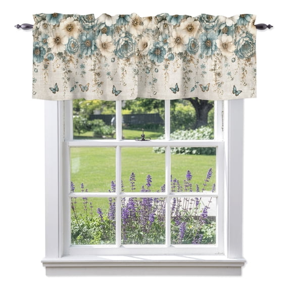 Rose Peony Valances for Windows, Rustic Aqua Beige Flower Vines Butterfly Linen Texture Valance Window Treatment Rod Pocket Short Curtains Valances for Kitchen Bathroom 42"W x 18"L