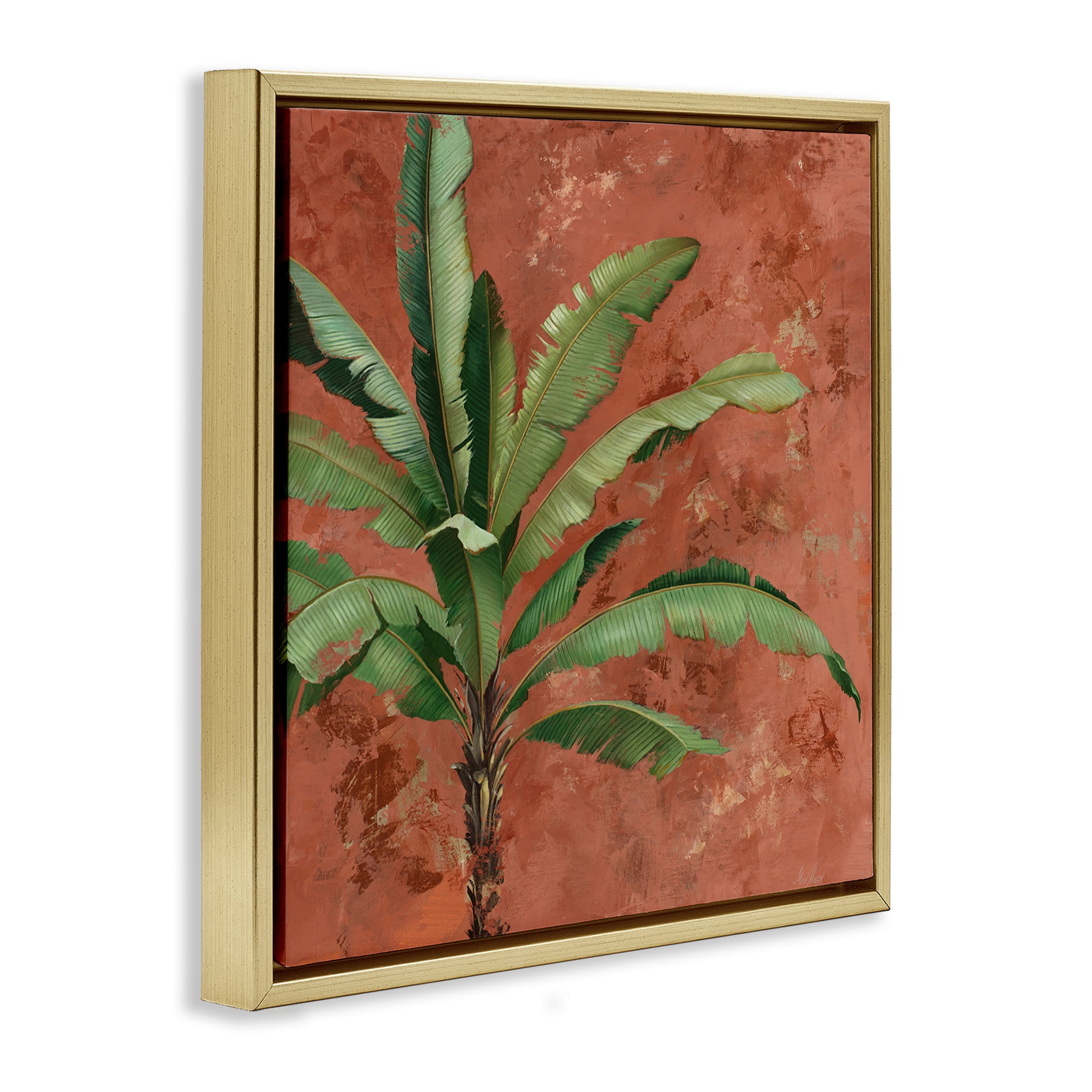 Stupell Industries Palm on Muted Red Botanical & Floral Painting Gold Floater Framed Canvas Art Print Wall Art, 25 x 25