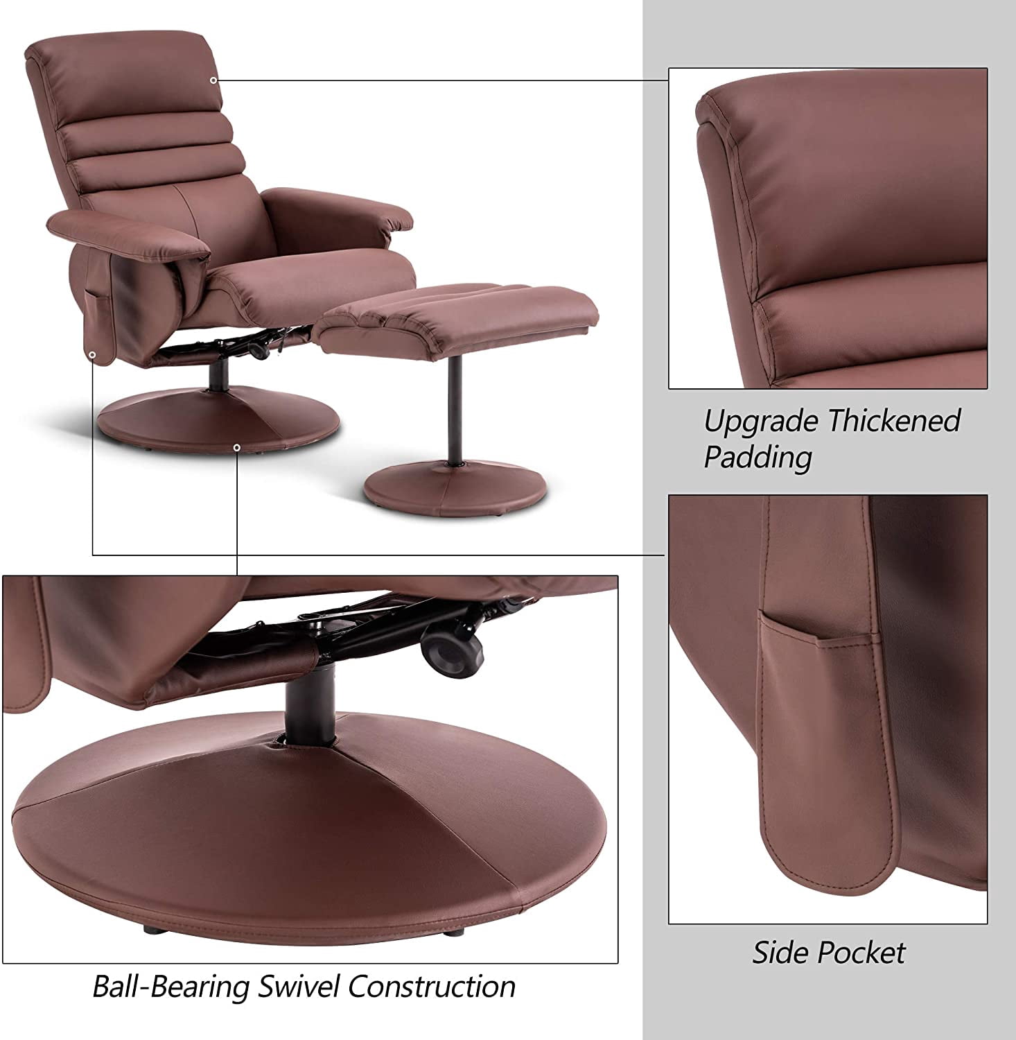 MCombo 360 Swivel Massage Recliner Chair with Ottoman for Living Room, Faux Leather, Brown