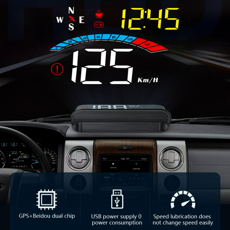 Gecheer Car HUD Display, Head Up Display Windshield Projector with Speed,  Digital Clock, Overspeed Warning, Mileage Measurement, Water Temperature,  Direction, Single Display for All Vehicles 