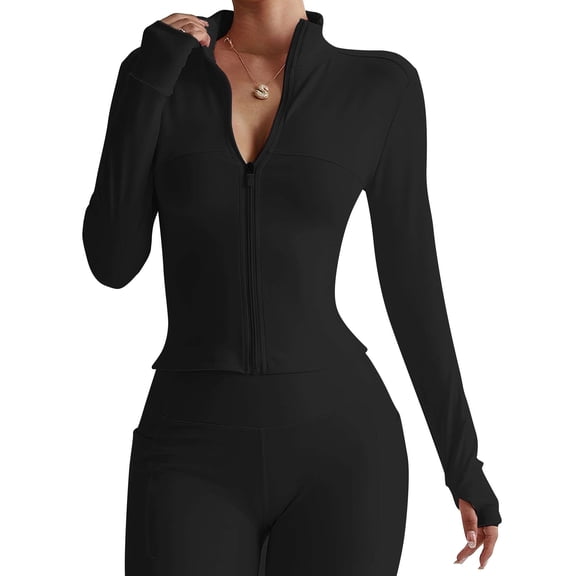 Deago Women's Full Zip Workout Jackets Lightweight Running Yoga Jacket Cropped Slim Fit Athletic Tops with Thumb Holes (Black, S)
