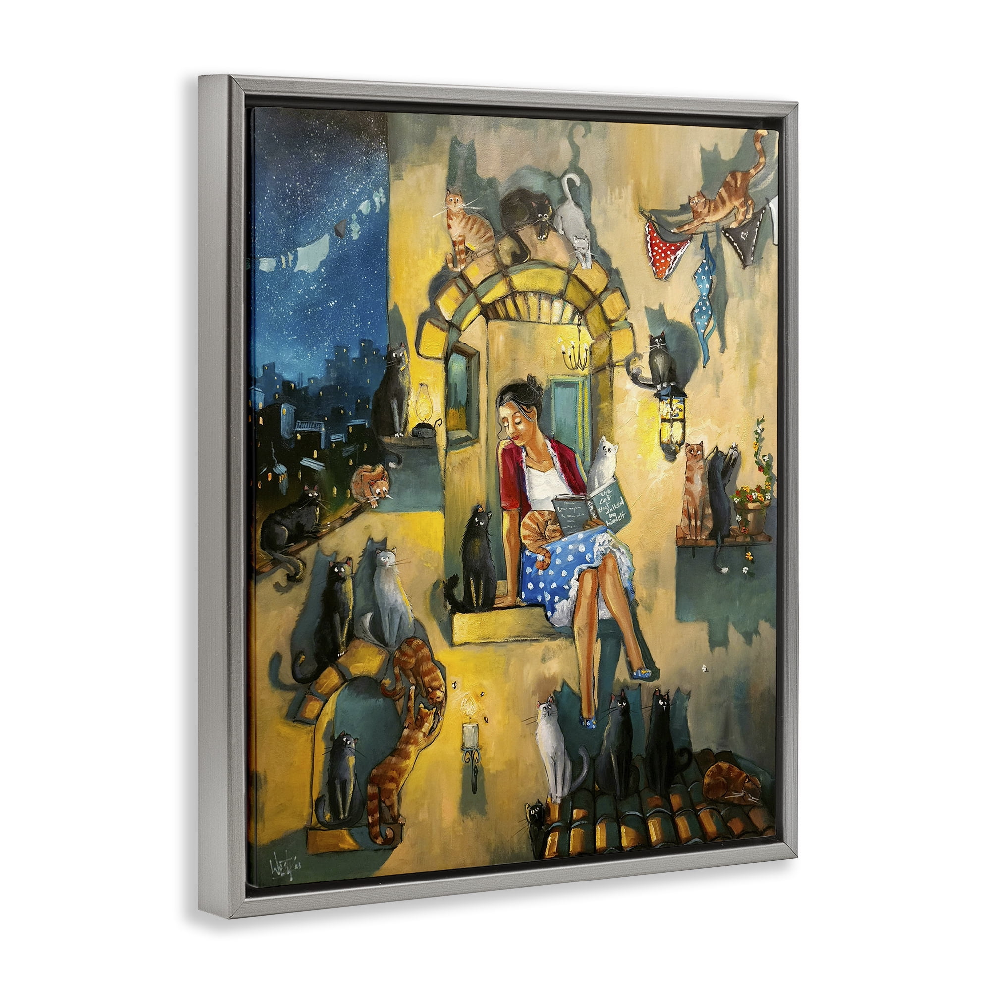 Stupell Industries Window Scene with Cats Town & City Painting Gray Floater Framed Canvas Art Print Wall Art, 25 x 31