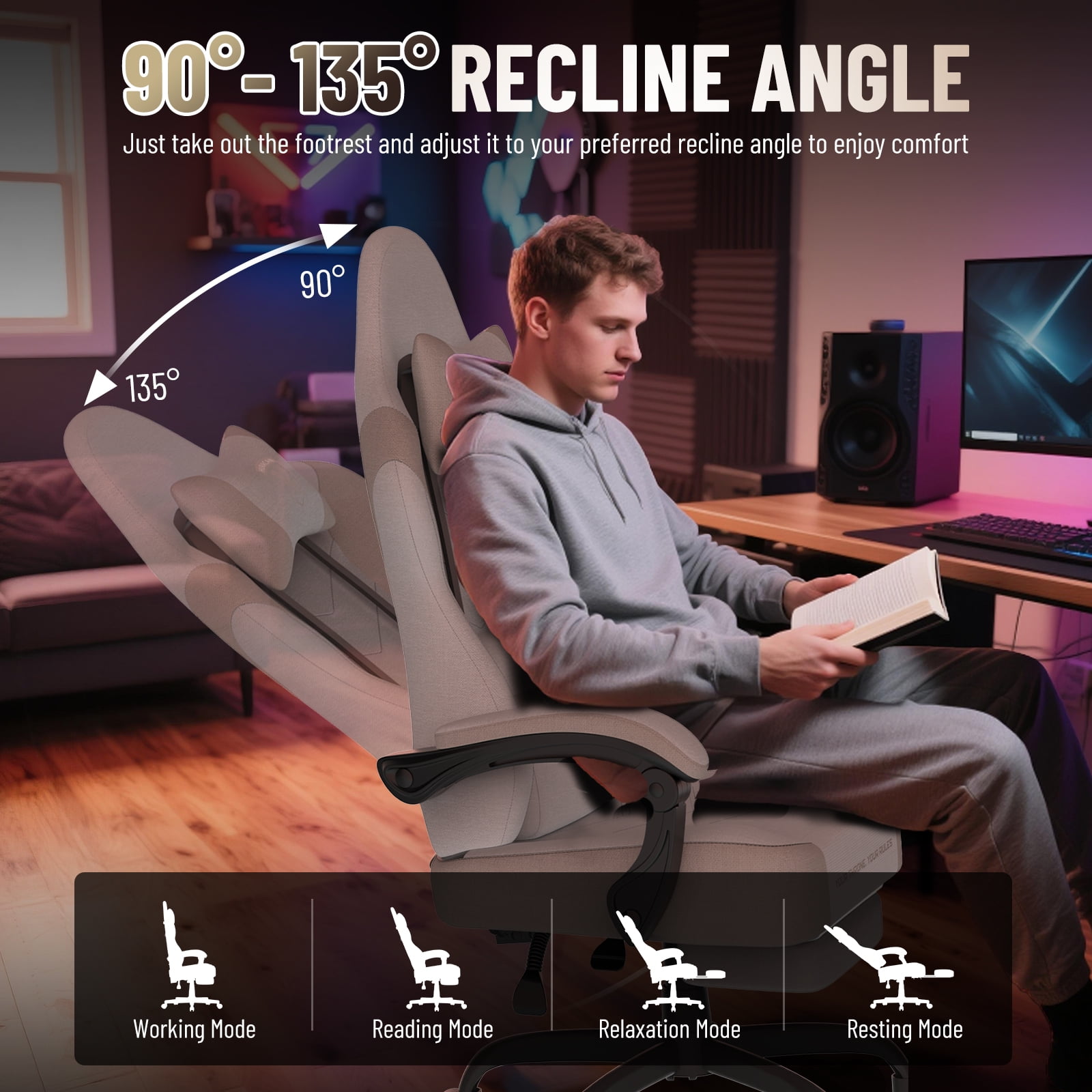 SOONTRANS Gaming Chair for Adults, Ergonomic Linen Fabric Computer Chair with Massage Lumbar Pillow, Gamer Game Chair with Adjustable Headrest, Comfortable Office Chair for Home, Beige and Coffee