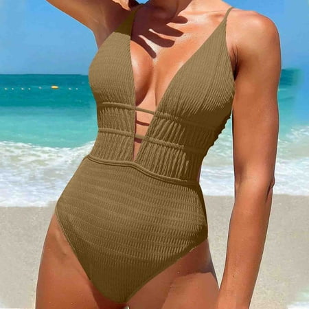 Ayolanni Padded Womens Swimwear Plus Size Bodysuit V-Neck Modest Yellow Solid One-Piece Juniors Swimwear Bikini M