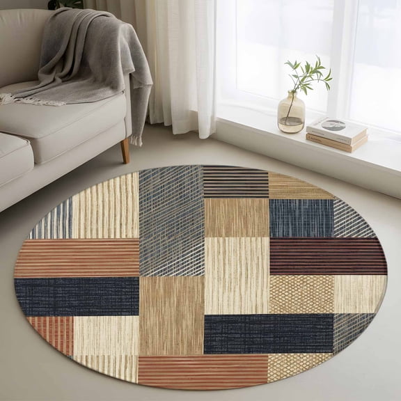 Round Area Rug 3ft Farmhouse Brown Beige Wood Grain Area Rugs Washable Low Pile Floor Carpet for Bedroom, Vintage Stripes Non Slip Soft Rugs for Living Room Entryway Dining Room