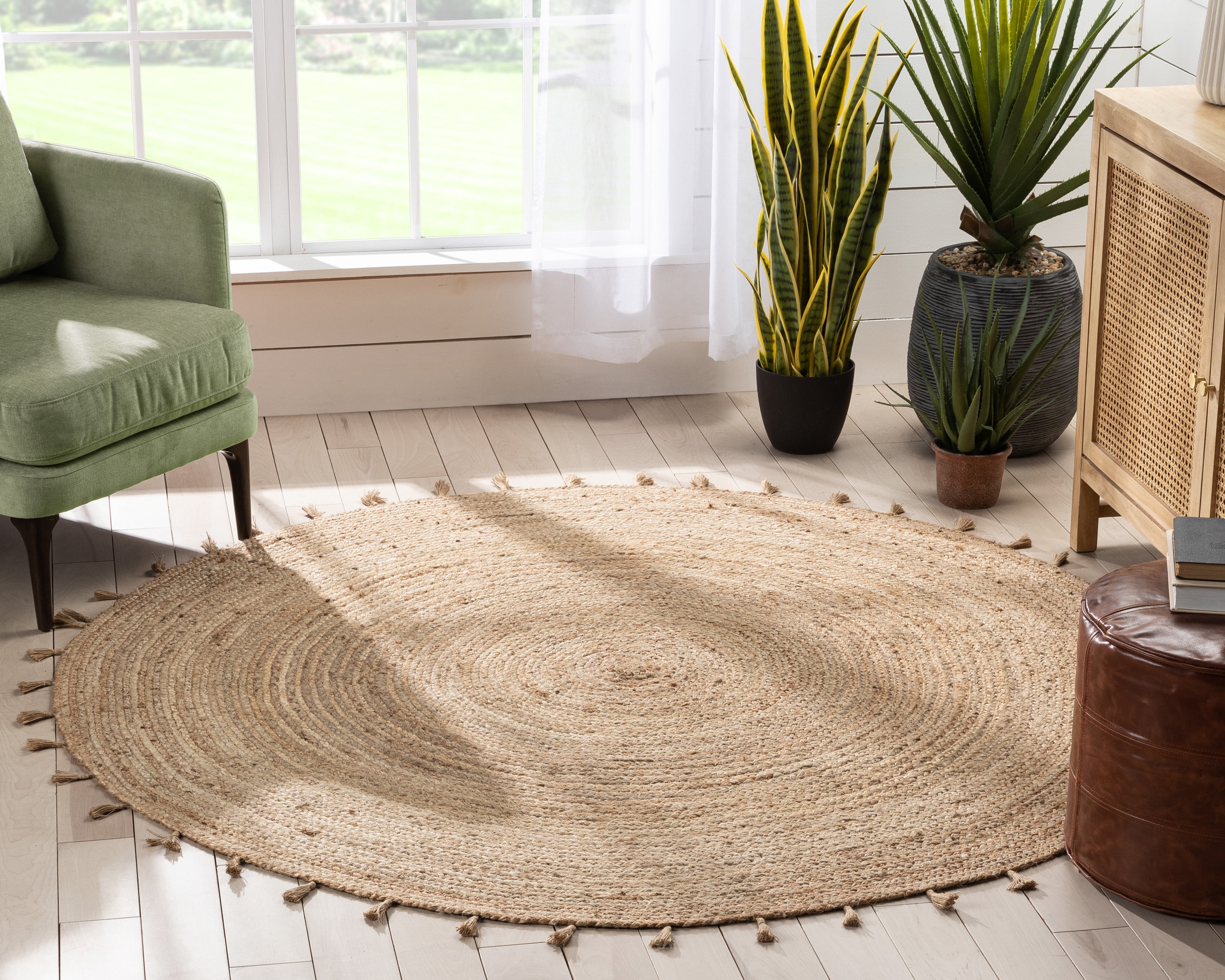 Jute Rug Natural Floor Handmade Bohemian Round 8 Feet Area Carpet Reversible Rug 