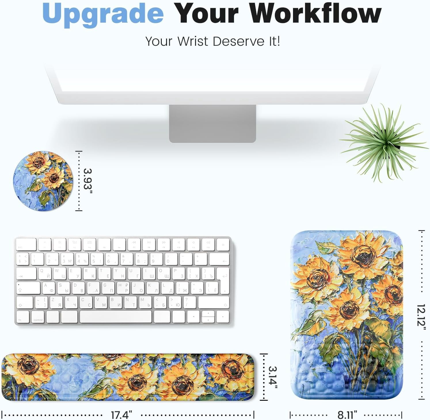 3 in1 Ergonomic Wrist Rest Pad for Computer Keyboard and Mouse, Large Mouse Pad Set with Support for Office, Sunflower