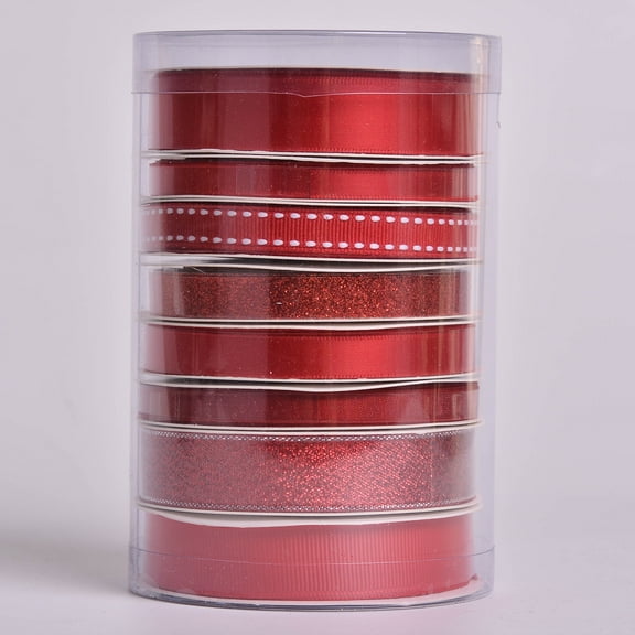 Red Satin Ribbon Tower, Set of 8 Unique Ribbons, 96 feet, Yama Ribbon