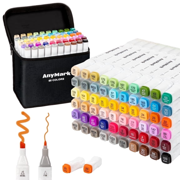 AnyMark Alcohol Markers, 60 Colors Dual Tip Art Coloring Markers Set for Adult Book Drawing Sketching Painting, Chisel & Fine, White Penholder