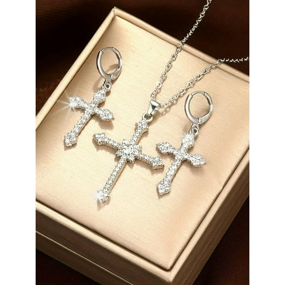 EOEMY 3Pcs Cross Shaped Rhinestone Decor Earrings And Necklace Set For Women, Ideal-Default