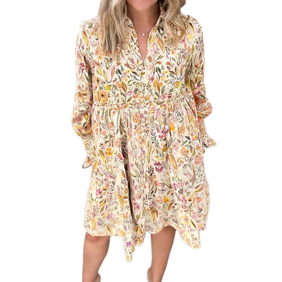 Women's Yellow Floral Long Sleeve Shirt Dress – Casual Daily Wear | XL