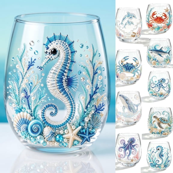 Artisanal Blue Ringed Glassware, 2D Stemless Wine Glasses, Handcrafted Bar Glass for Coastal Home Decor, #01