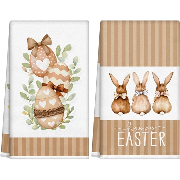 Easter Kitchen Towels Set of 2, Happy Easter Bunny Rabbit Dish Towel, Eggs Holiday Hand Towels for Kicthen, Brown Striped Drying Tea Towel 16x24 Inch Spring Farmhouse Decorations Housewarming Gifts