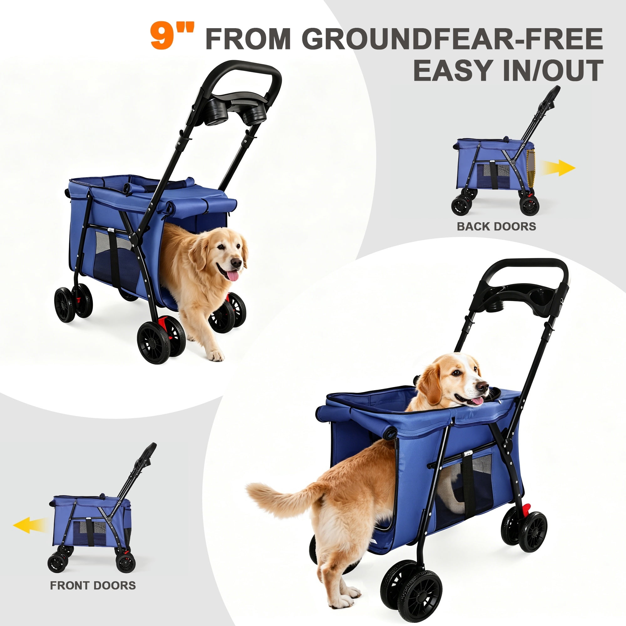 4-Wheel Folding Pet Stroller for Small Dogs and Cats, Pet Rolling Carrier with Storage Bag, Breathable Mesh & 2 Safety Leashes