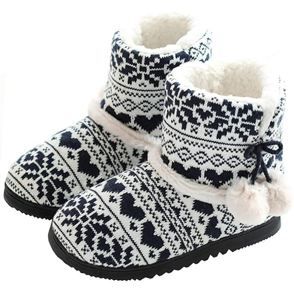 Knit Bootie Slippers for Women, Winter Warmer Plush Indoor Ankle Boots Feet Warm Lining House Non-Slip Waterproof Rubber Sole Around The House Home Casual Shoes with Fuzzy Ankle