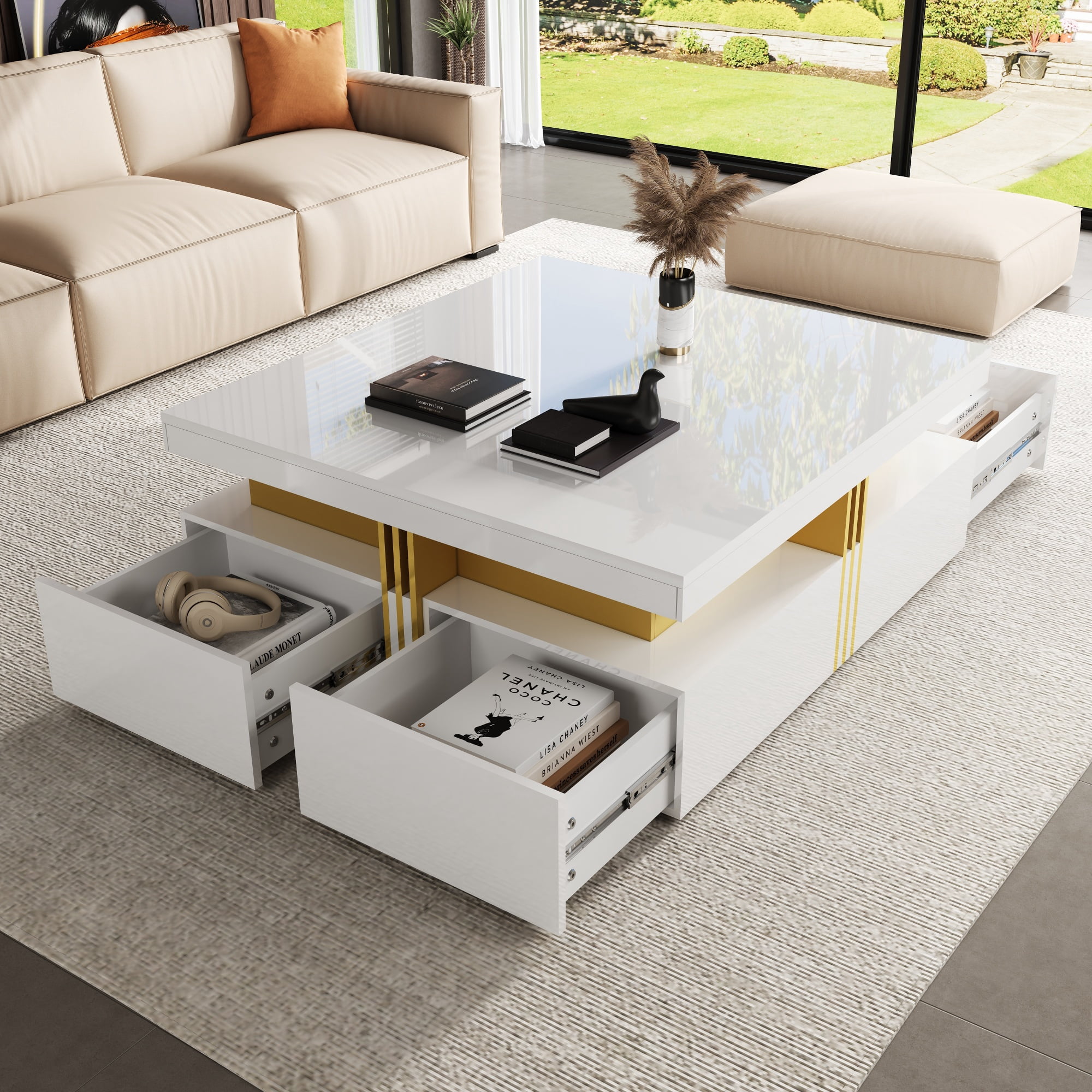 Euroco Modern Glossy Square Storage Coffee Table with 4 Drawers, 43.3", White