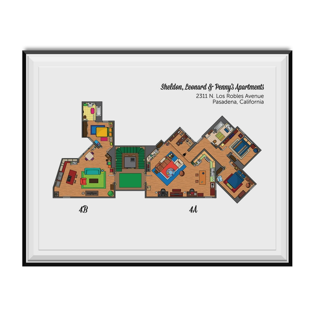 Sheldon, Leonard & Penny's Apartments Floor Plan Poster Big Bang Theory TV Show