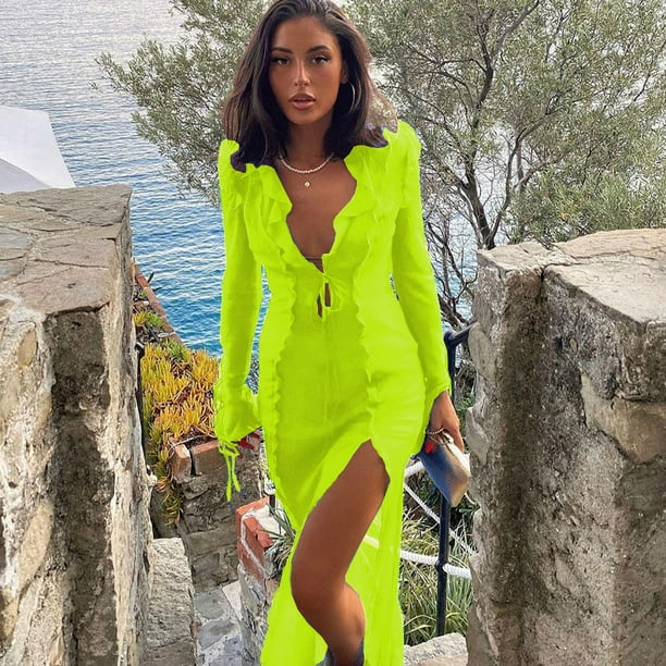 Vestido de lencería transparente de manga larga con volantes para mujer, vestido Sexy bohemio con abertura alta, cuello en V, Playa y fiesta