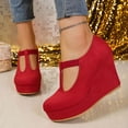 thumbnail image 4 of GERsome Closed Toe Wedge Heels for Women Elastic Ankle Strap Slip-On Casual Work Pumps Dress Shoes, Red Size 8.5, 4 of 8