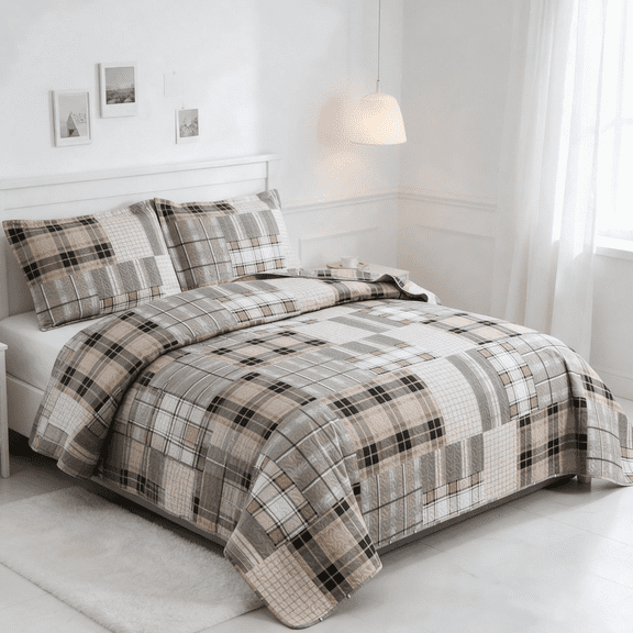 Smuge 3 Piece Full/Queen Size Reversible Check Plaid Patchwork Quilt Set, Lightweight Soft Microfiber Coverlet Bedspread,Grey Beige