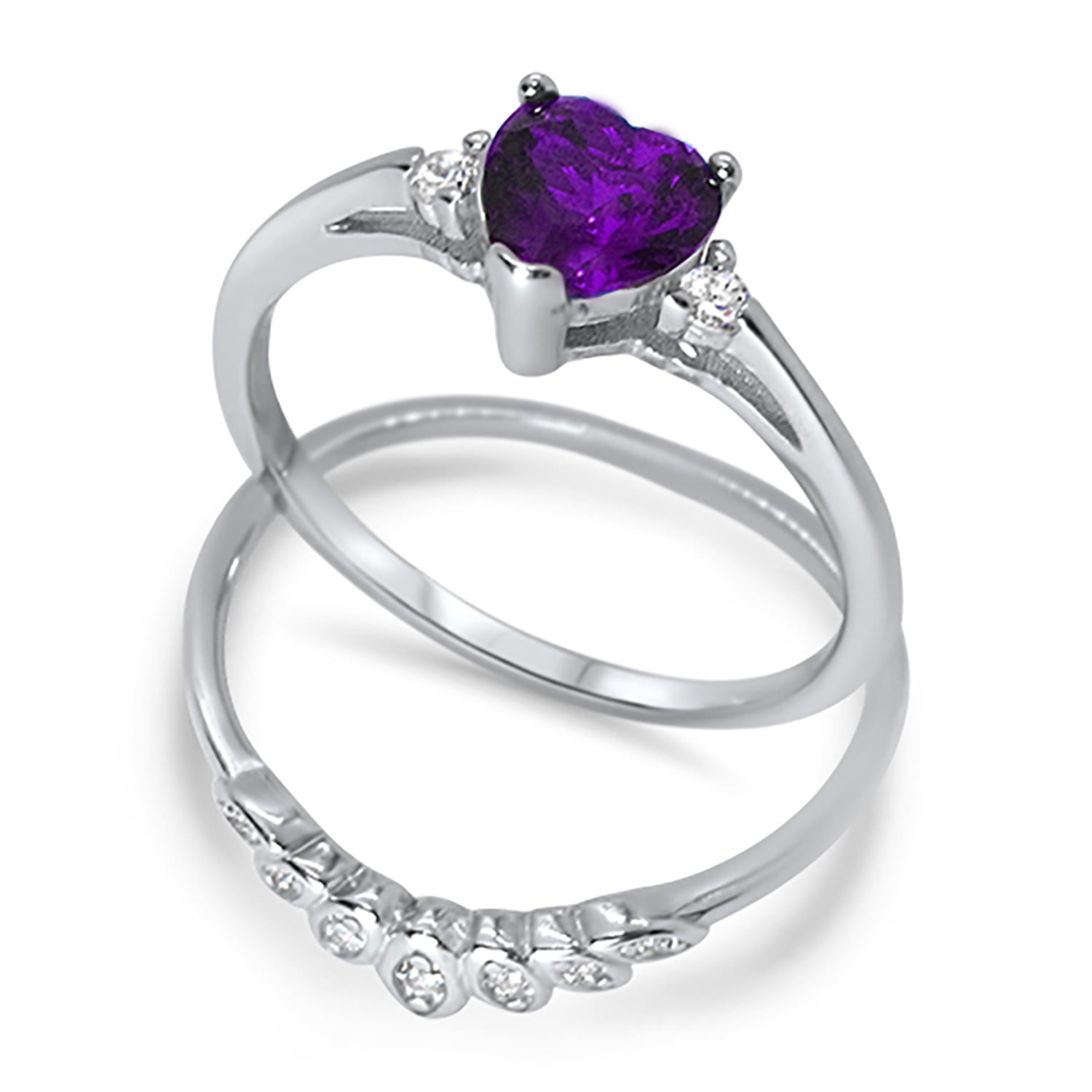 Sterling Silver Amethyst Heart Shape CZ Wedding Engagement Ring Set for Women Size 8