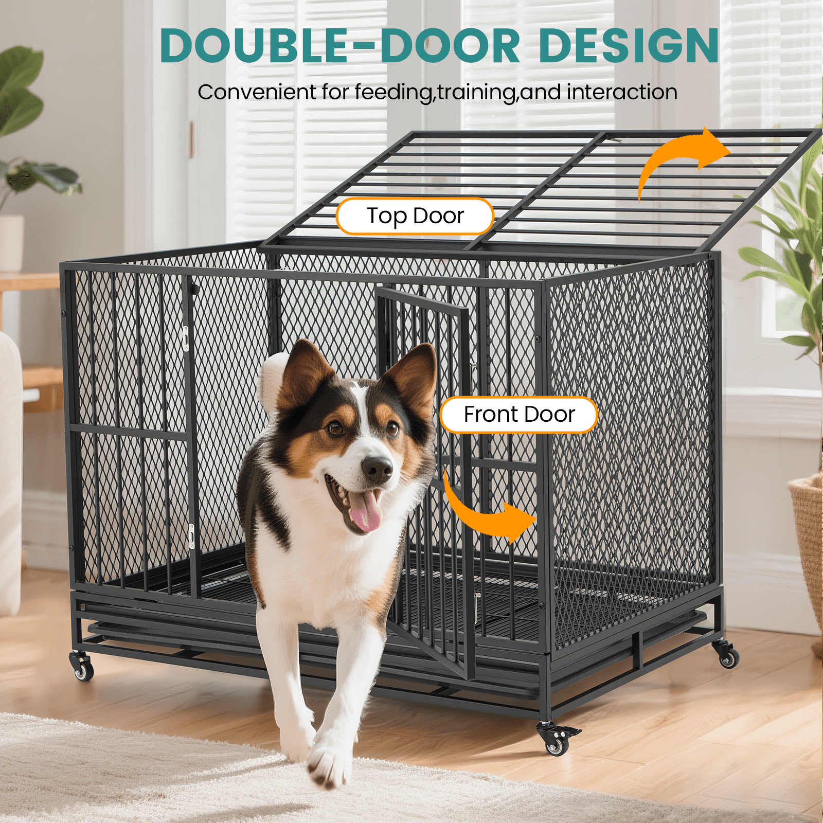 Erinnyees Heavy Duty 42" Metal Dog Crate for Dogs with Lockable Wheels