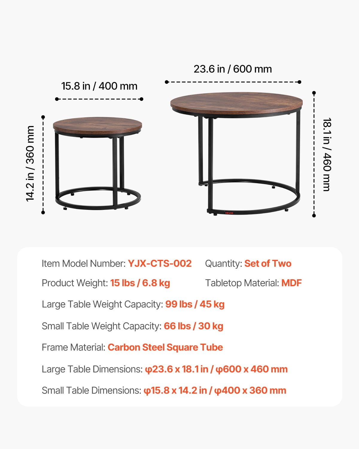 VEVOR Nesting Coffee Table Set of 2, 23.6 in Round Coffee Table,Nesting Tables for Small Place, End Side Tables Night Stand with Metal Frame, for Living Room, Bedroom, Office (Vintage Brown & Black)