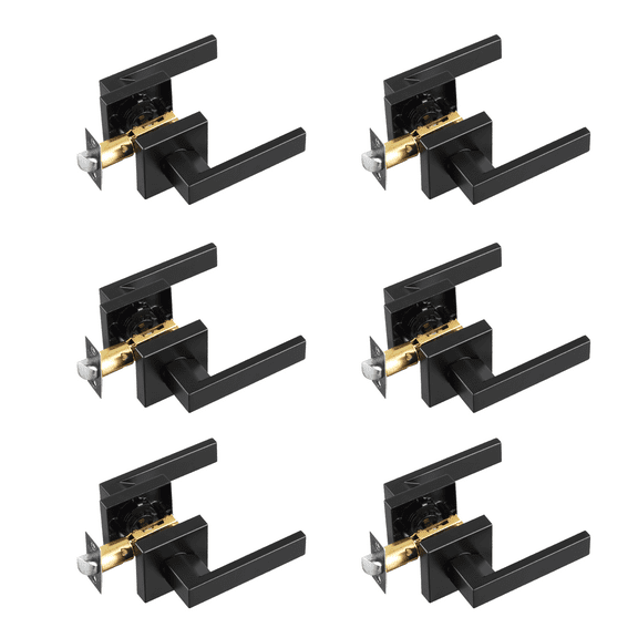 KFFKFF Door Lever Set, Pack of 6 in Sleek Black Finish, Ambidextrous Non-Locking Handle, 45° Twist to Unlock, All-Purpose Square Design for Corridors, Storage Areas, Conference Rooms