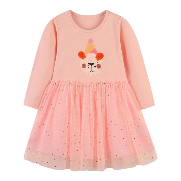 Yidarton European And American Style Children's Dress Cartoon Round Neck Girls Long Sleeve Princess Dress Mesh Cute Children's Dress 2T