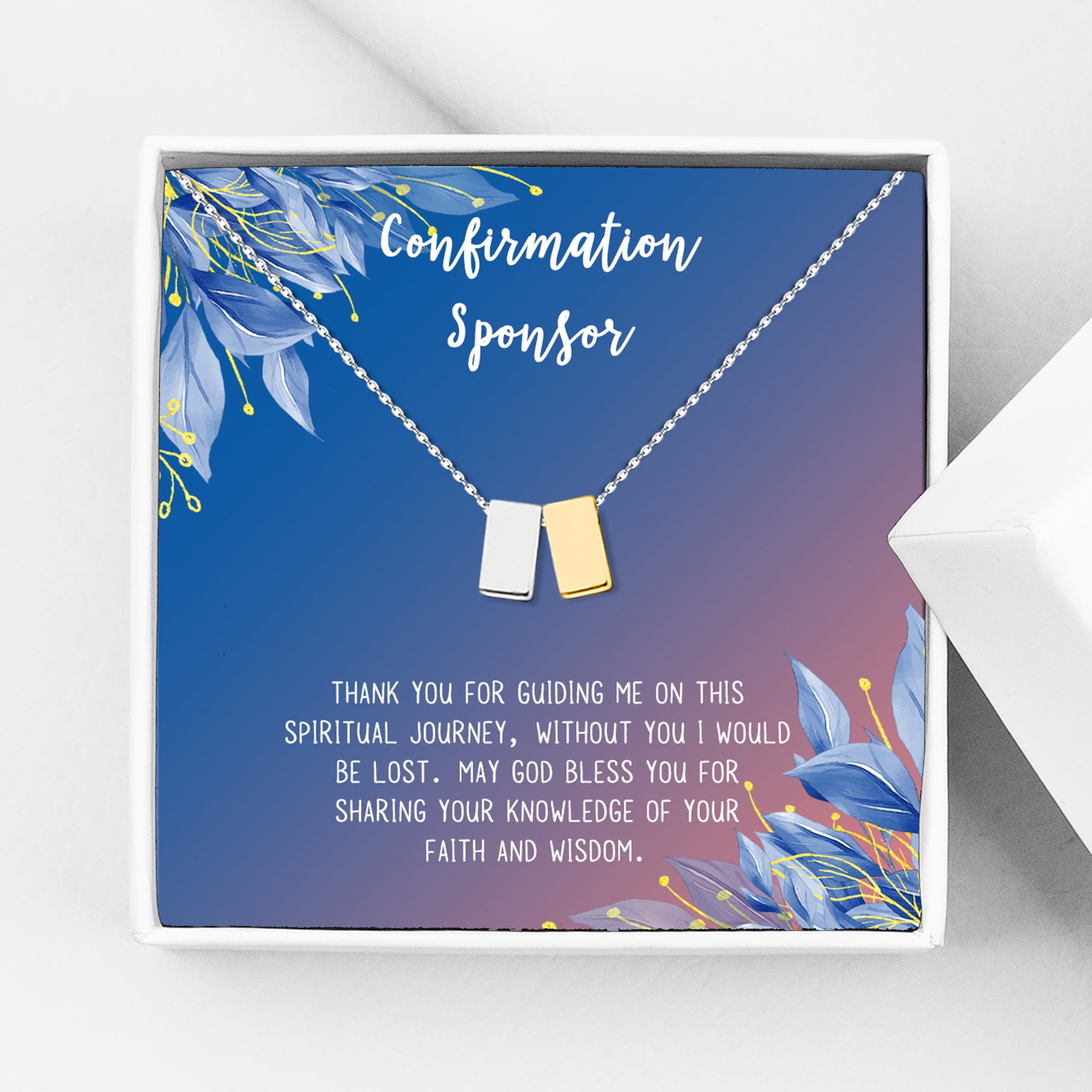 Anavia Confirmation Sponsor Gift for Women, Gifts for Sponsors, Baptism Gift, Goddaughter Gift, Thank you Religious Sponsor Gifts Card Necklace-[Silver and Gold Double Cube, Blue-Orange Gift Card]