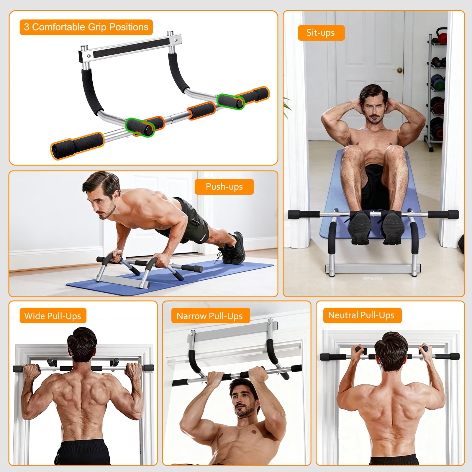 Doorway Pull Up Bar, 440 LB Max Heavy Duty Steel Chin-Up Bar, Secure No-Screw Door Frame Workout Bar for Home Gym