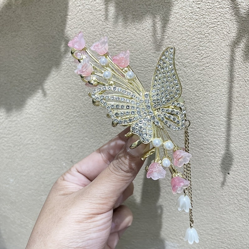 Elegant and exquisite butterfly hair accessory - women's large metal tassel hair clip inlaid with rhinestones and imitation pearls