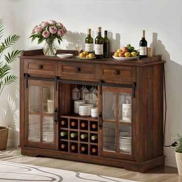 ModFusion 53" Brown Wine Cabinet with Charging Station and Drawers, Bar Cabinet