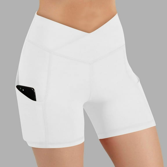 LEKWK Short Leggings for Women High Waist Crossover V Waist Pockets Yoga Leggings Pockets Tummy Control Athletic Leggings Gym Running Workout Bottoms