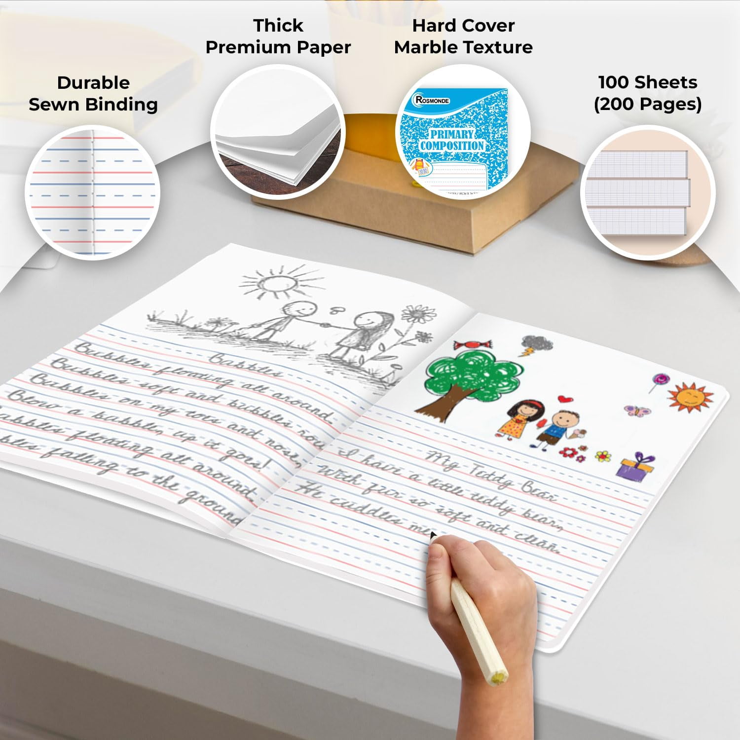 Rosmonde Primary Composition Notebooks Bulk Pallet, 1000 Pack, 200 Pages (100 Sheets), 9.75 x 7.5 in, Draw & Write, Dotted Ruled for Grades K–2, Bulk School Supplies, 4–7 Day Transit
