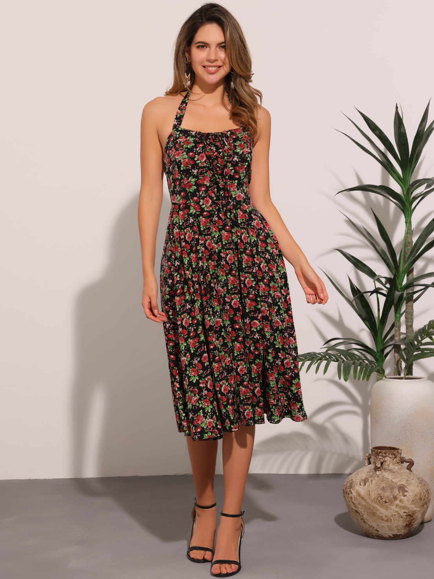DARING DIVA Women's Halter Sleeveless Lace Up Floral Midi Dresses L Black Rose