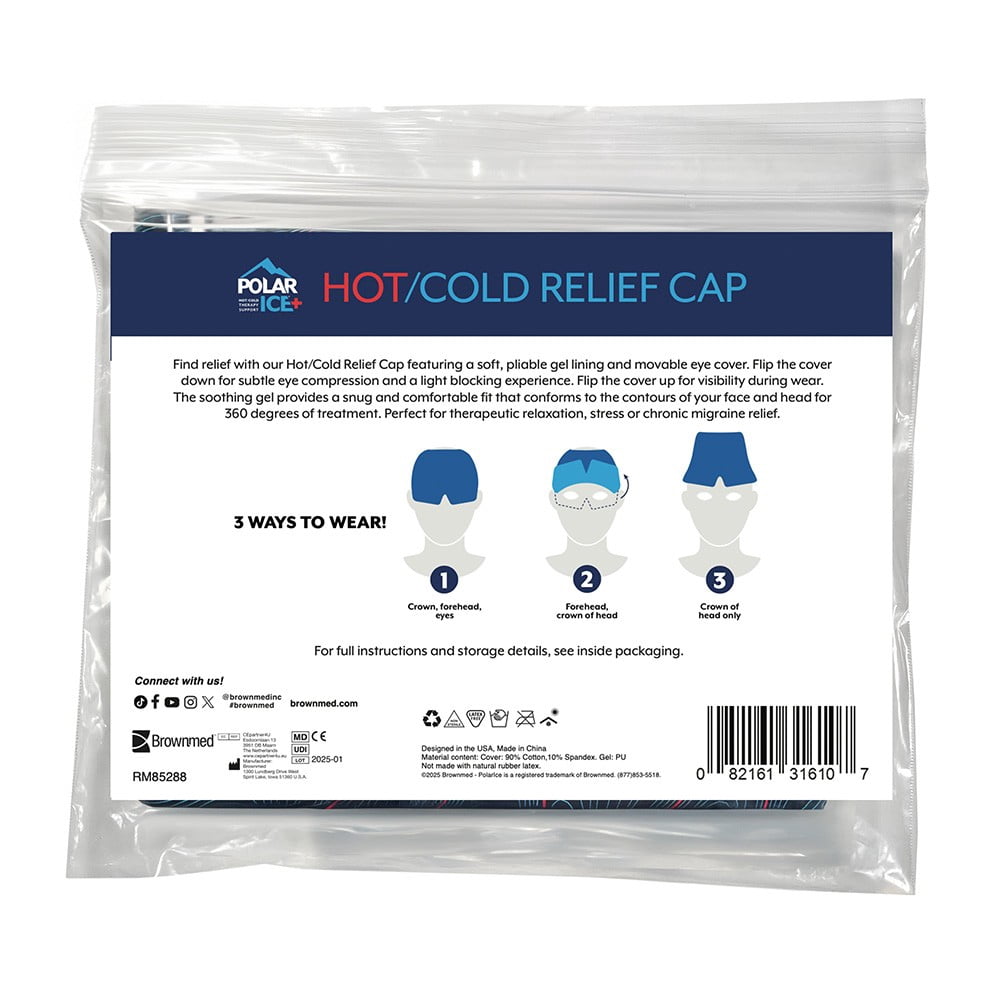 Brownmed Polar Ice - Hot/Cold Relief Cap with Soft Gel Lining & Movable Eye Cover – 360 Degrees Therapy for Migraine, Headache, Stress Relief
