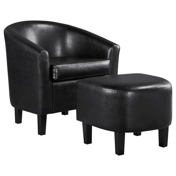 Faux Leather Accent Chair Upholstered, Black Barrel Chair With Ottoman