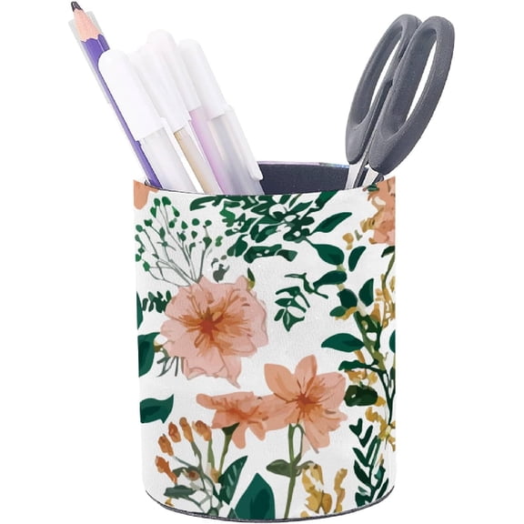 Spring Flower Pattern PVC Imitation Leather Pen Holder Women Cup Pencil Organizer Desk Plastic inch Container Storage Office Home Decorative Pottubular Penrack Colorful