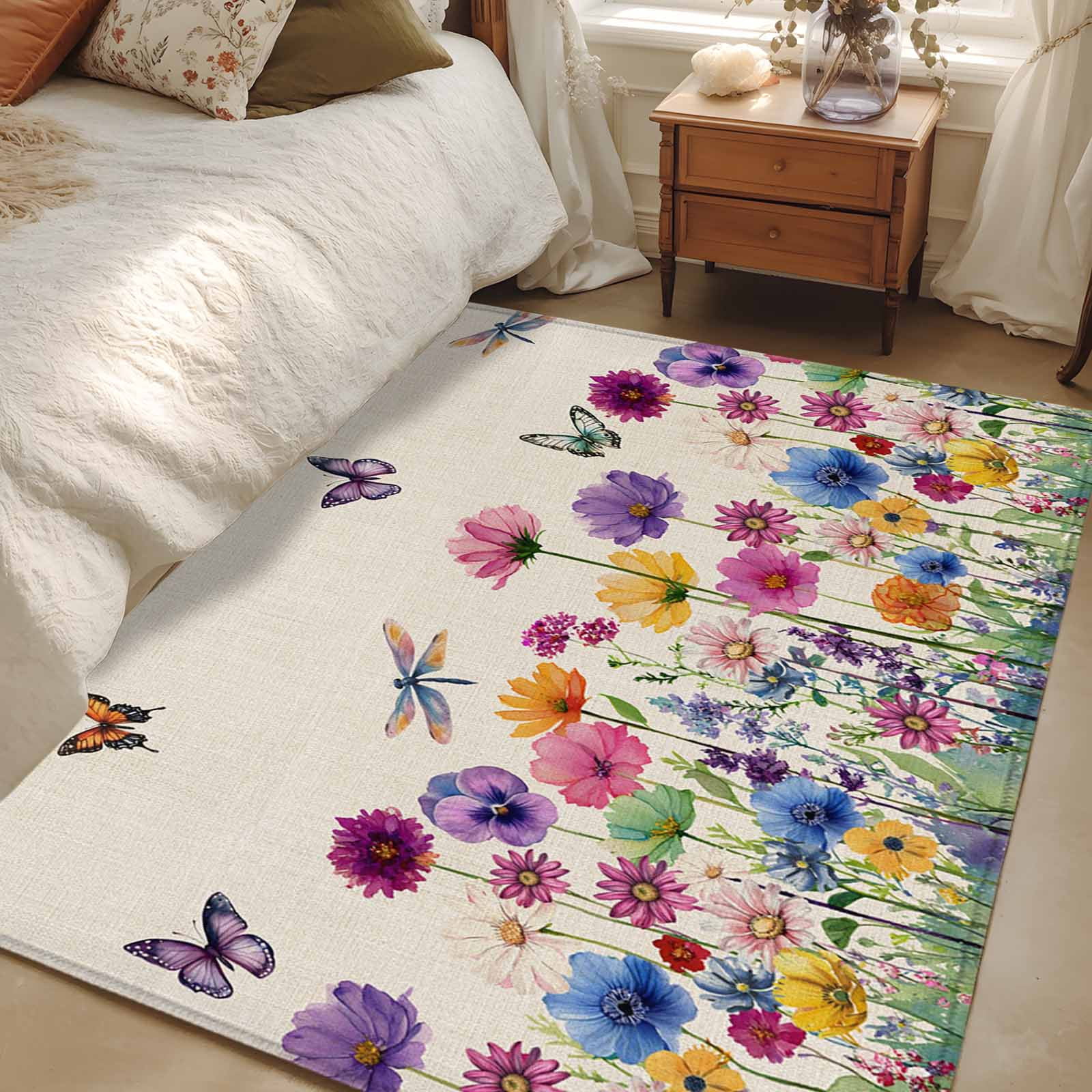 Area Rugs 2.7'x5', Vintage Flowers Carpet for Living Room Bedroom Dining Room, Watercolor Butterfly Dragonfly Daisy Beige Throw Kitchen Rugs Non Slip Washable Rectangle Indoor Outdoor Rugs