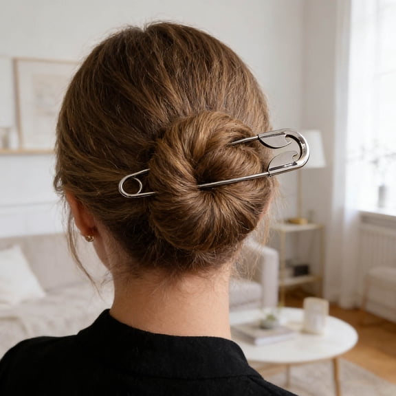 Large Safety Pin Style Hair Clip, Metal Barrettes, Strong Hold Hairpin for Thick & Thin Hair, Daily & Occasion Use,5.3" Silver