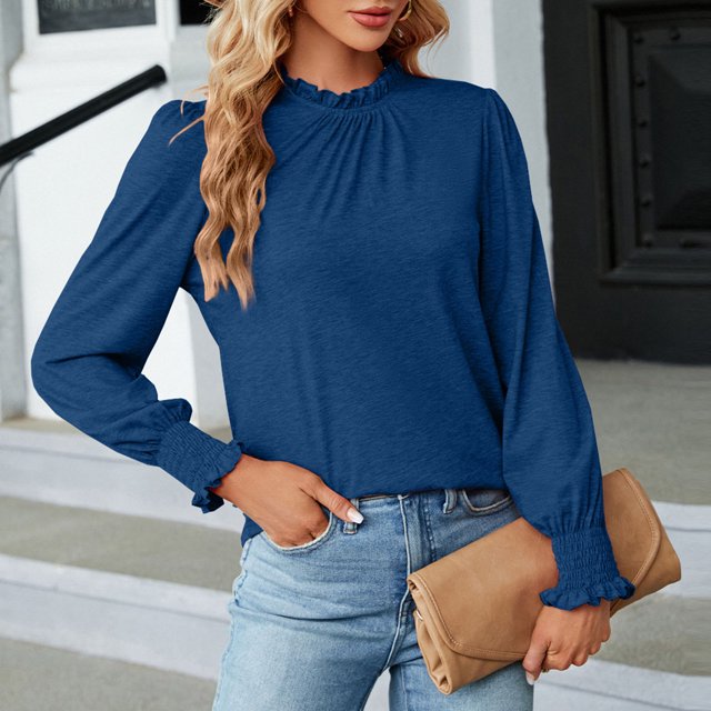 Blusa de manga larga informal para mujer, jersey de cuello redondo para mujer, camisa de color puro para mujer, camisa con cuello redondo y ribete de volantes para mujer, calidad profesional
